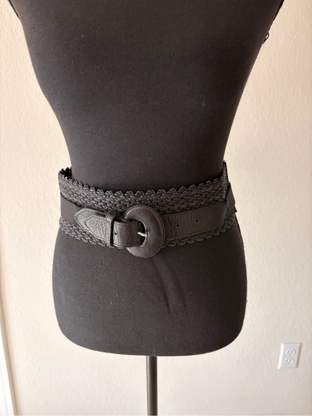 Obi Woven Leather Accent Waist Belt in Black Sz XS-S